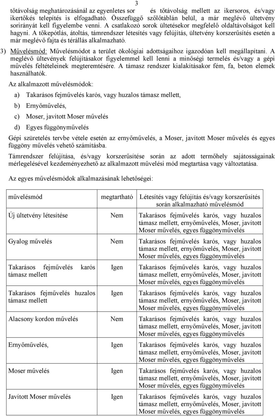 A tőkepótlás, átoltás, támrendszer létesítés vagy felújítás, ültetvény korszerűsítés esetén a már meglévő fajta és térállás alkalmazható.