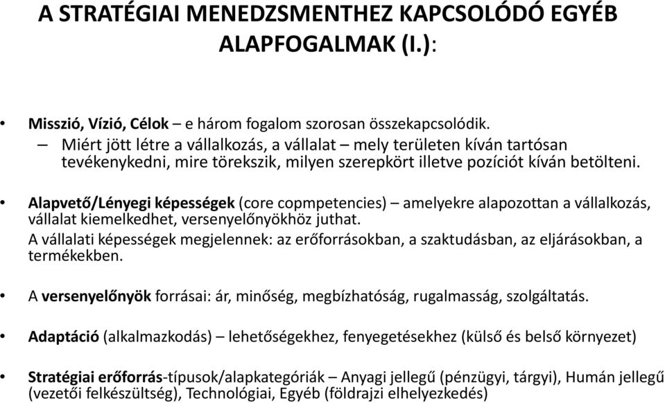 Alapvető/Lényegi képességek (core copmpetencies) amelyekre alapozottan a vállalkozás, vállalat kiemelkedhet, versenyelőnyökhöz juthat.