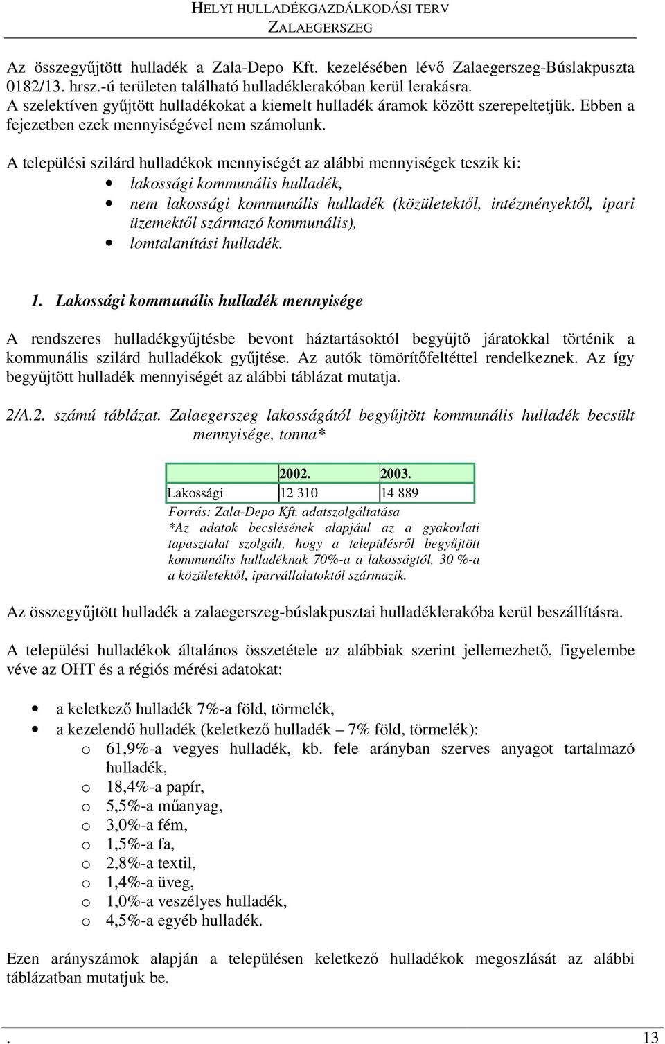 A települési szilárd hulladékok mennyiségét az alábbi mennyiségek teszik ki: lakossági kommunális hulladék, nem lakossági kommunális hulladék (közületektl, intézményektl, ipari üzemektl származó