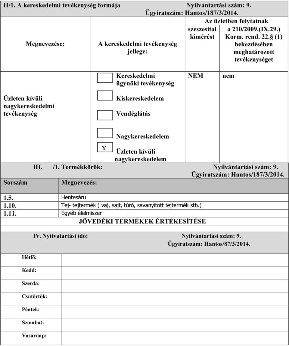 (1) bekezdésében meghatározott tevékenységet Kereskedelmi ügynöki tevékenység NEM Üzleten kívüli nagykereskedelmi tevékenység Kiskereskedelem Vendéglátás Nagykereskedelem Sorszám Üzleten kívüli