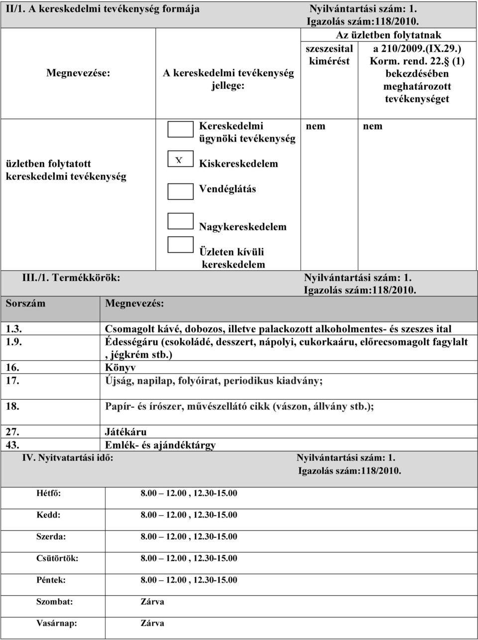 (1) bekezdésében meghatározott tevékenységet Kereskedelmi ügynöki tevékenység üzletben folytatott kereskedelmi tevékenység Kiskereskedelem Vendéglátás Nagykereskedelem Üzleten kívüli kereskedelem III.