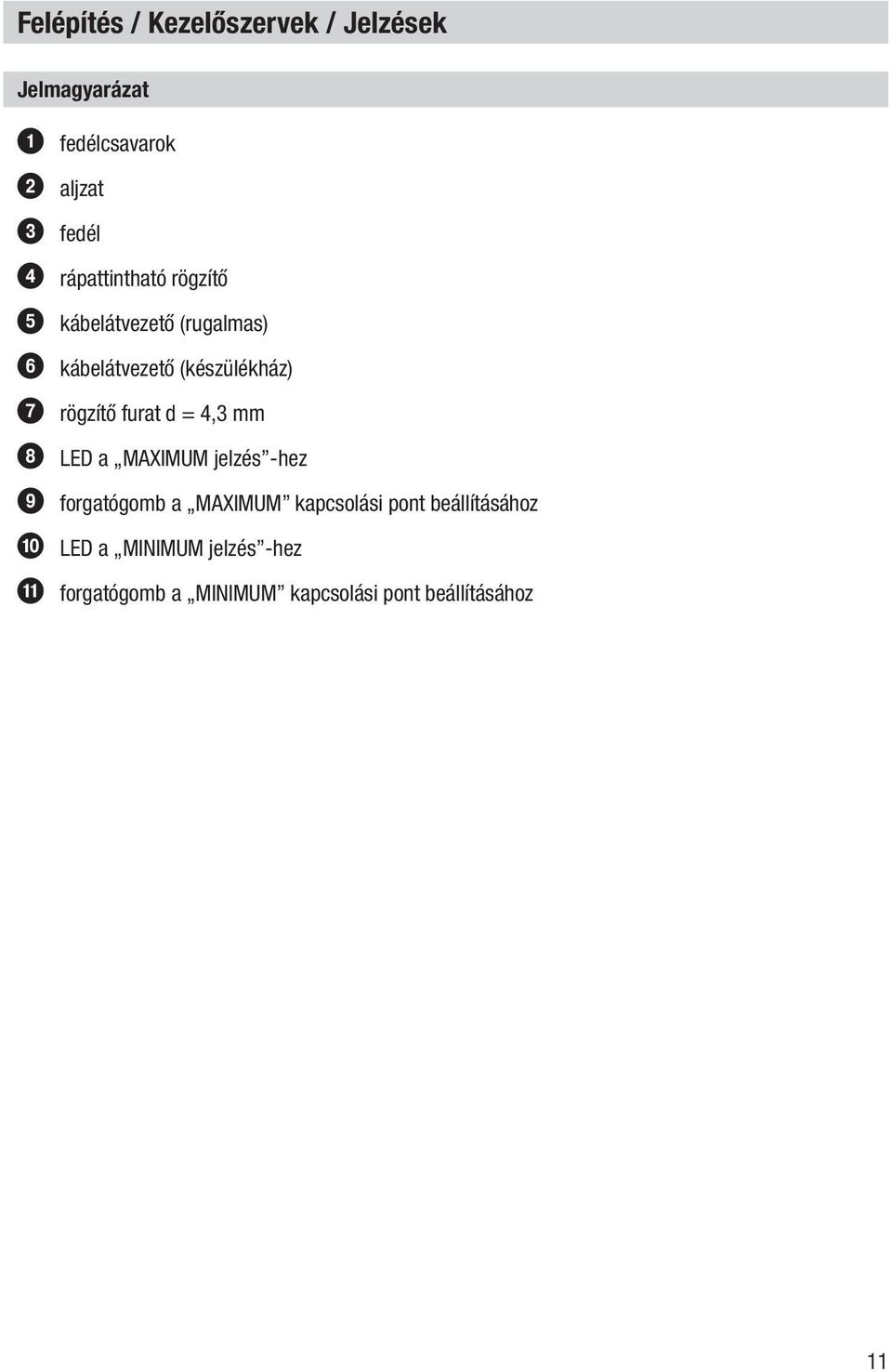 furat d = 4,3 mm 8 LED a MAXIMUM jelzés -hez 9 forgatógomb a MAXIMUM kapcsolási pont