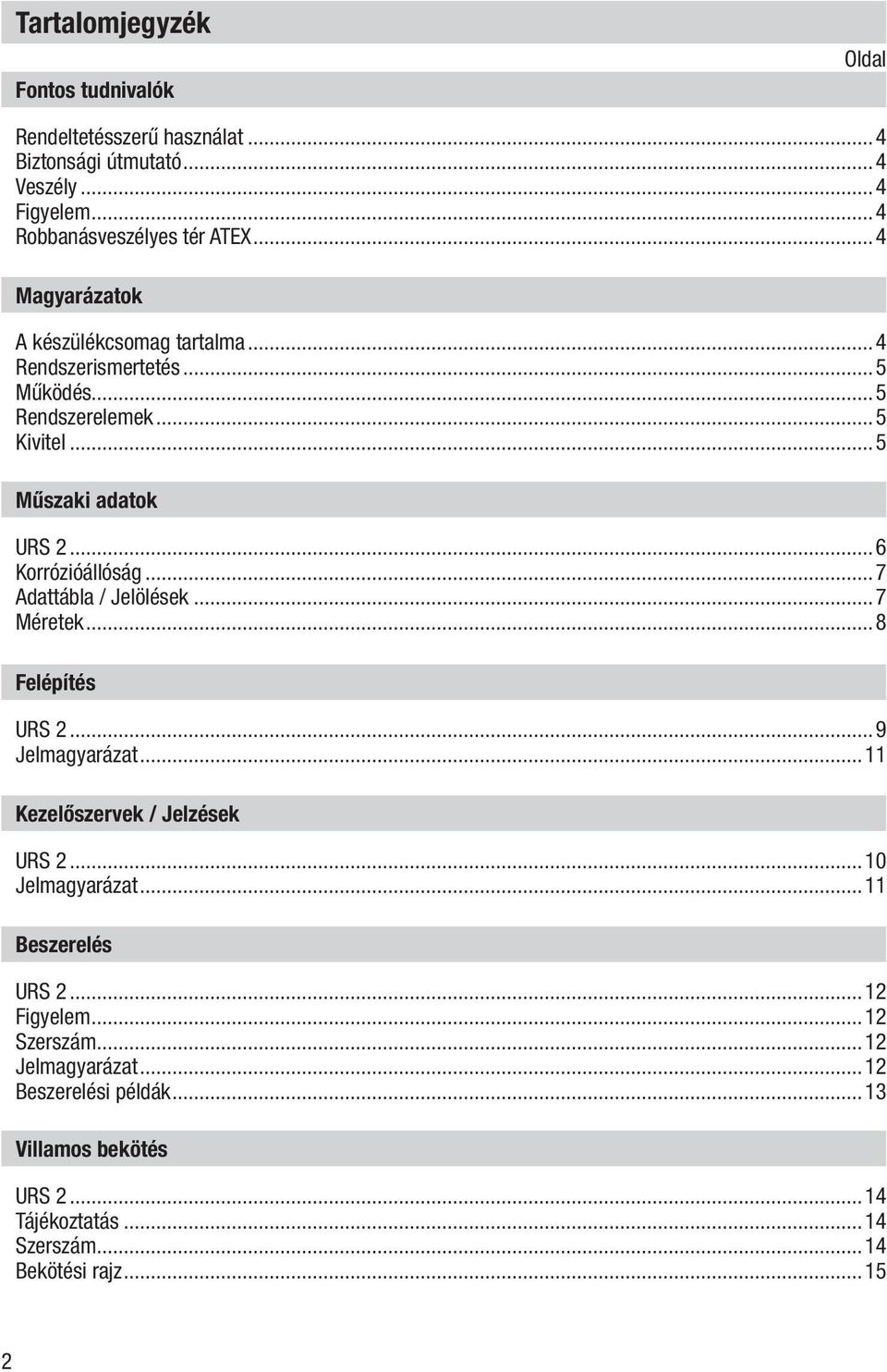 ..7 Adattábla / Jelölések...7 Méretek...8 Felépítés URS 2...9 Jelmagyarázat...11 Kezelőszervek / Jelzések URS 2...10 Jelmagyarázat...11 Beszerelés URS 2.