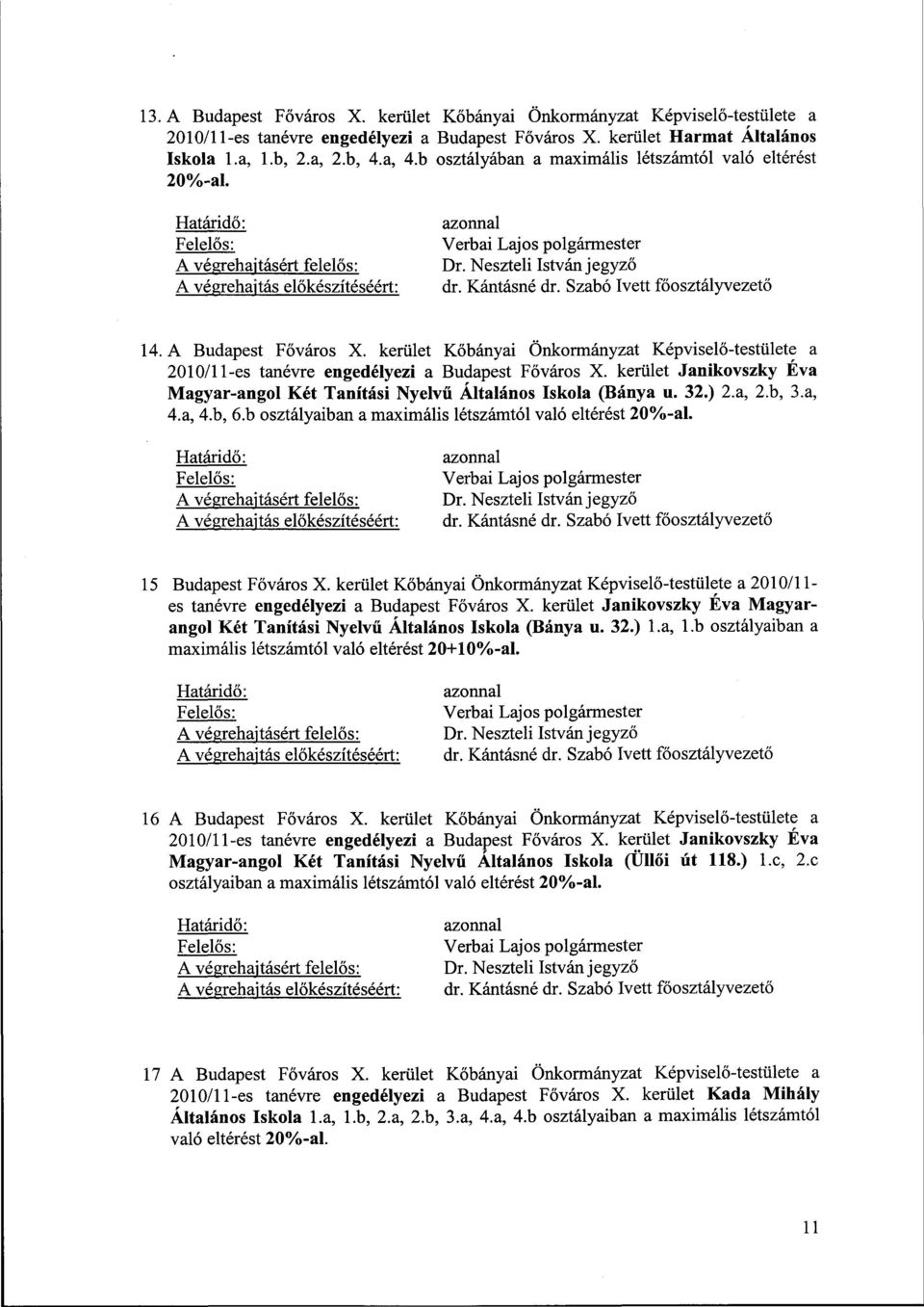 kerület Janikovszky Éva Magyar-angol Két Tanítási Nyelvű Általános Iskola (Bánya u. 32.) 2.a, 2b, 3a, 4.a, 4.b, 6.b osztályaiban a maximális létszámtól való eltérést 2%-al. 15 Budapest Főváros X.