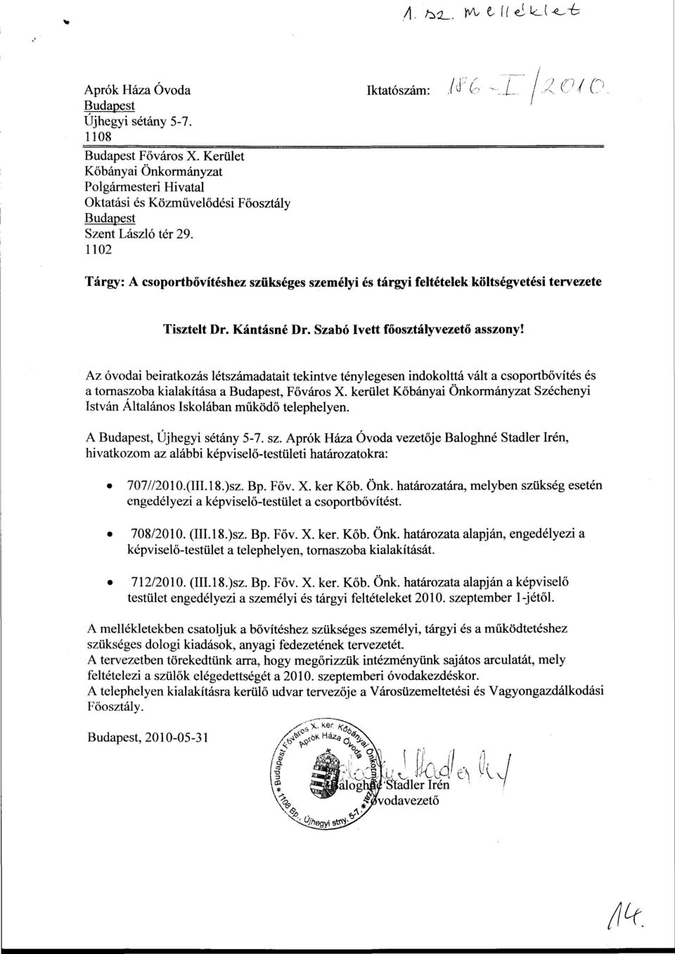 112 Tárgy: A csoportbővítéshez szükséges személyi és tárgyi feltételek költségvetési tervezete Tisztelt Dr. Kántásné Dr. Szabó Ivett főosztályvezető asszony!