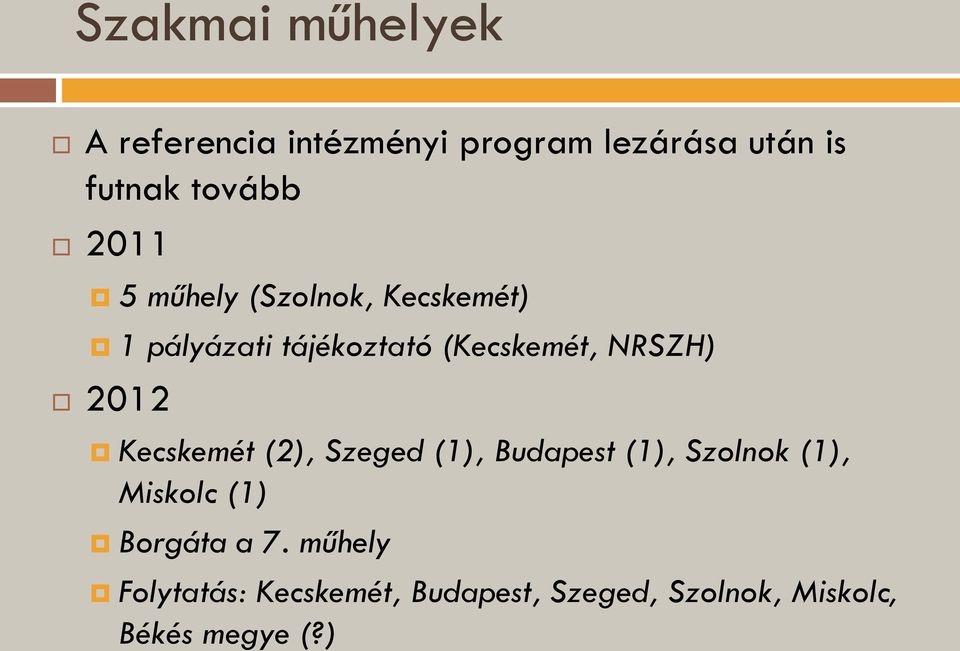 2012 Kecskemét (2), Szeged (1), Budapest (1), Szolnok (1), Miskolc (1) Borgáta a