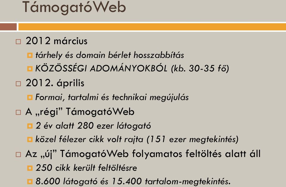 április Formai, tartalmi és technikai megújulás A régi TámogatóWeb 2 év alatt 280 ezer