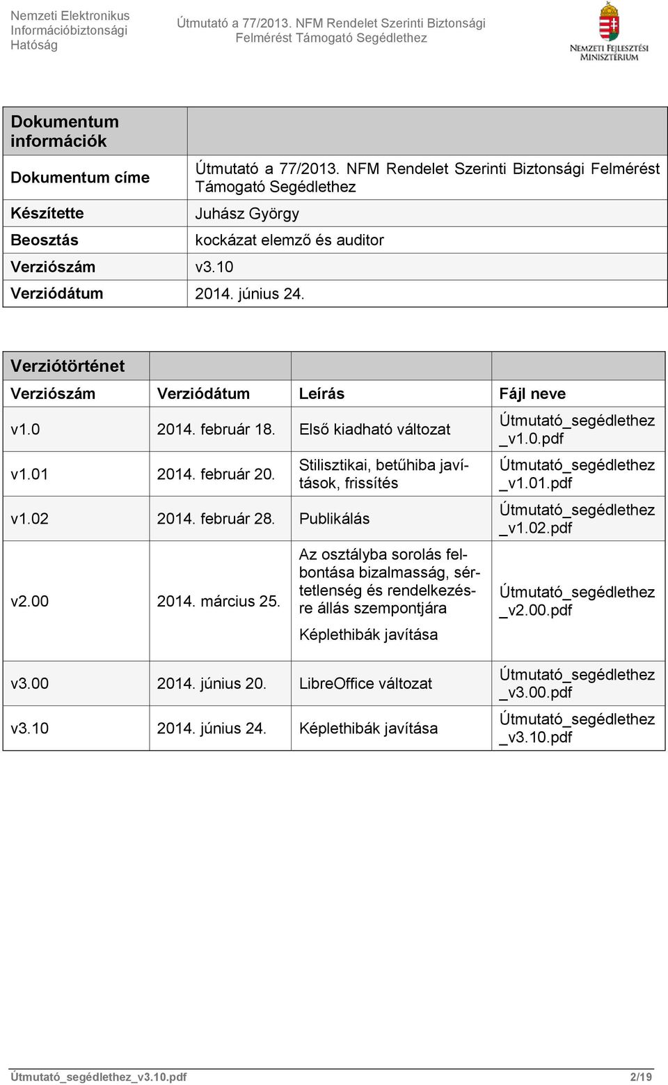 Stilisztikai, betűhiba javítások, frissítés Az osztályba sorolás felbontása bizalmasság, sértetlenség és rendelkezésre állás szempontjára Képlethibák javítása Útmutató_segédlethez _v1.0.