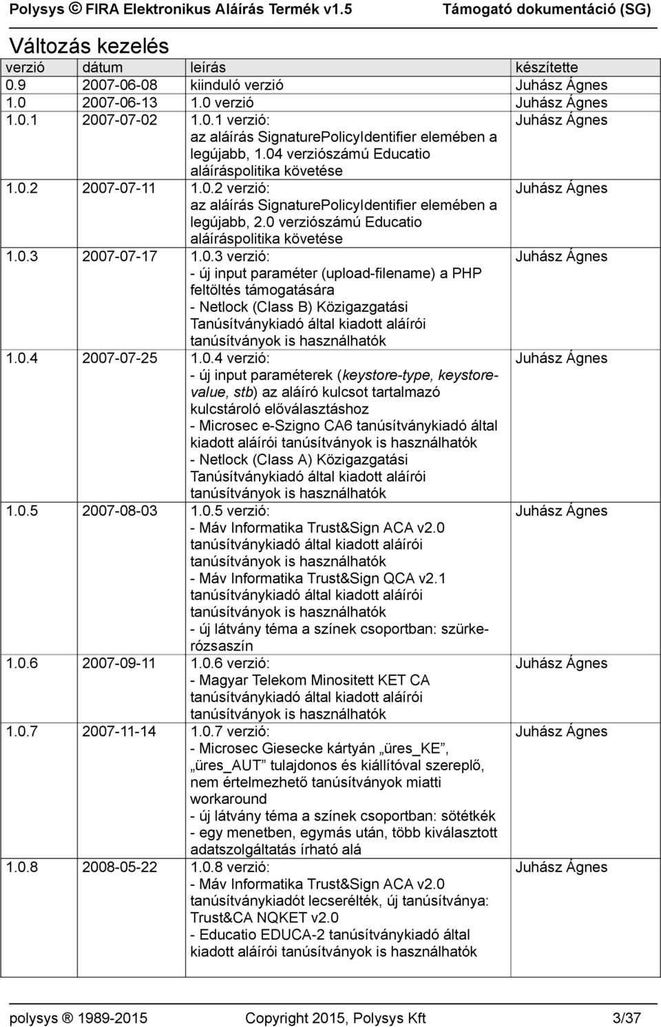 0 verziószámú Educatio aláíráspolitika követése 1.0.3 2007-07-17 1.0.3 verzió: - új input paraméter (upload-filename) a PHP feltöltés támogatására - Netlock (Class B) Közigazgatási Tanúsítványkiadó által kiadott aláírói tanúsítványok is használhatók 1.