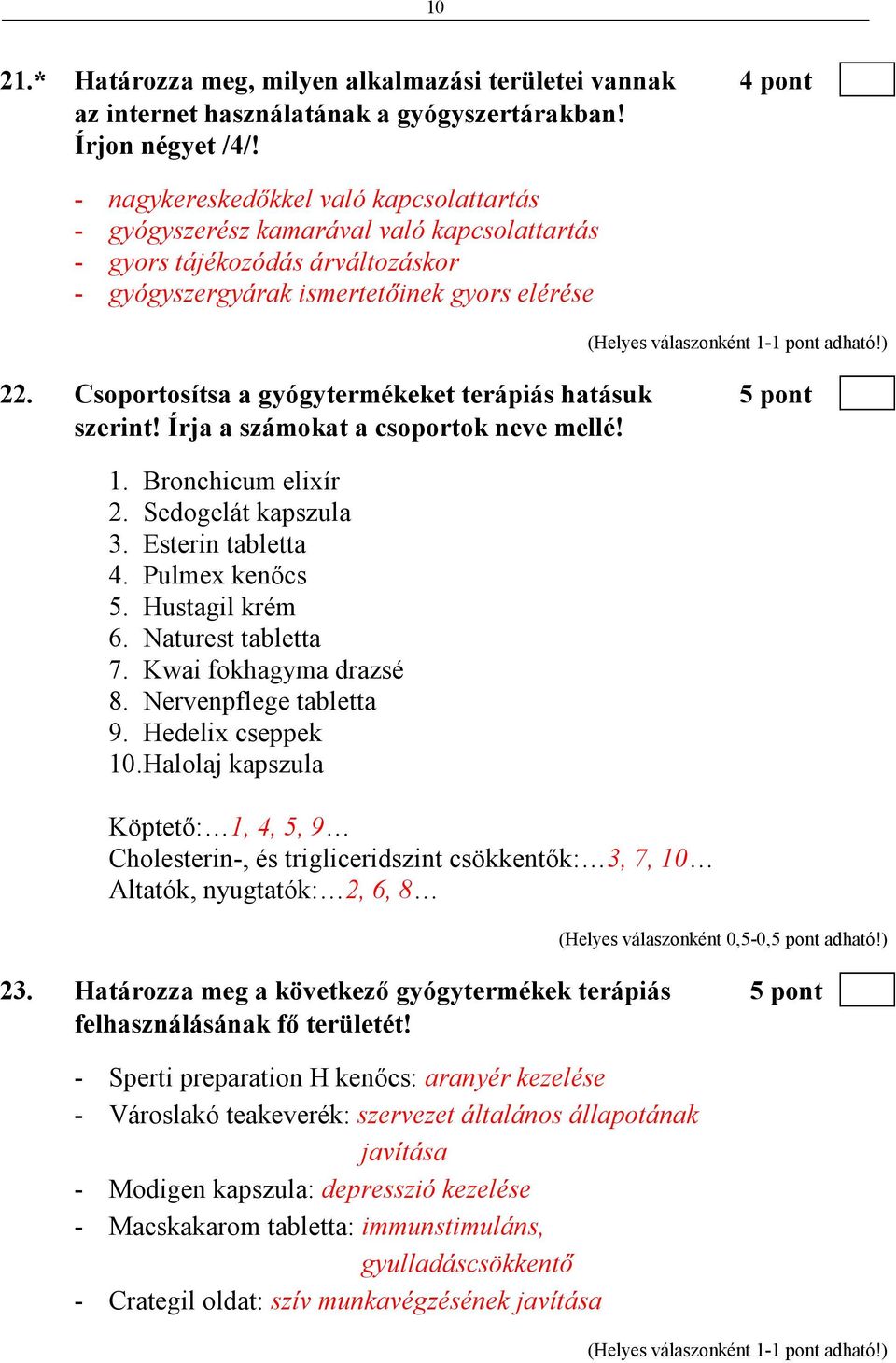 Csoportosítsa a gyógytermékeket terápiás hatásuk 5 pont szerint! Írja a számokat a csoportok neve mellé! 1. Bronchicum elixír 2. Sedogelát kapszula 3. Esterin tabletta 4. Pulmex kenıcs 5.