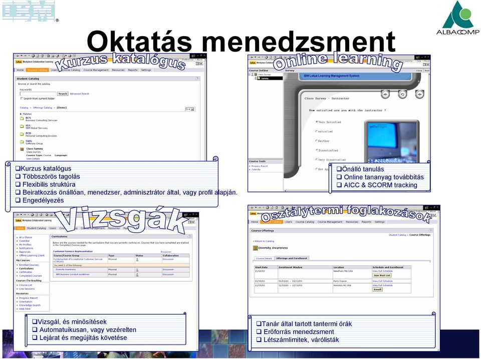 Engedélyezés Önálló tanulás Online tananyag továbbítás AICC & SCORM tracking Vizsgál, és