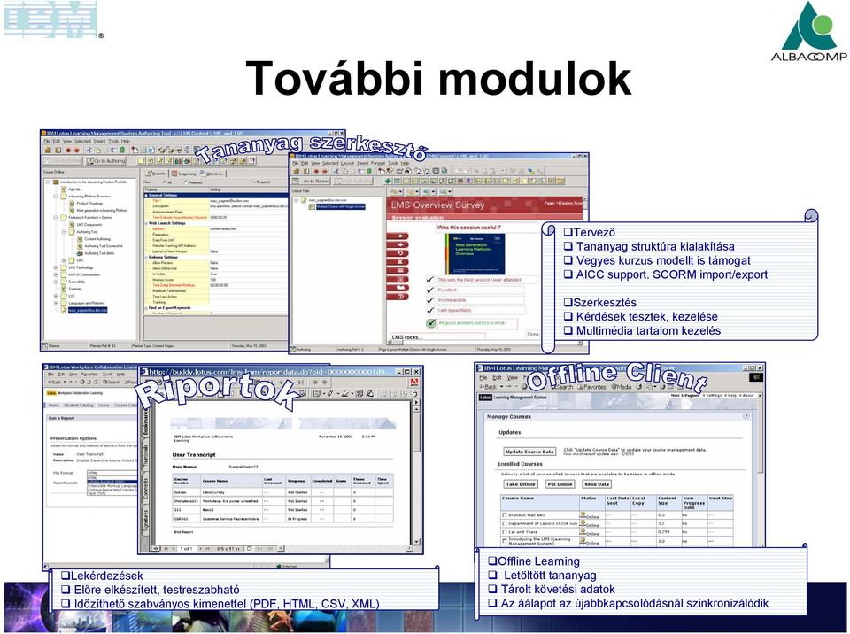 SCORM import/export Szerkesztés Kérdések tesztek, kezelése Multimédia tartalom kezelés Lekérdezések