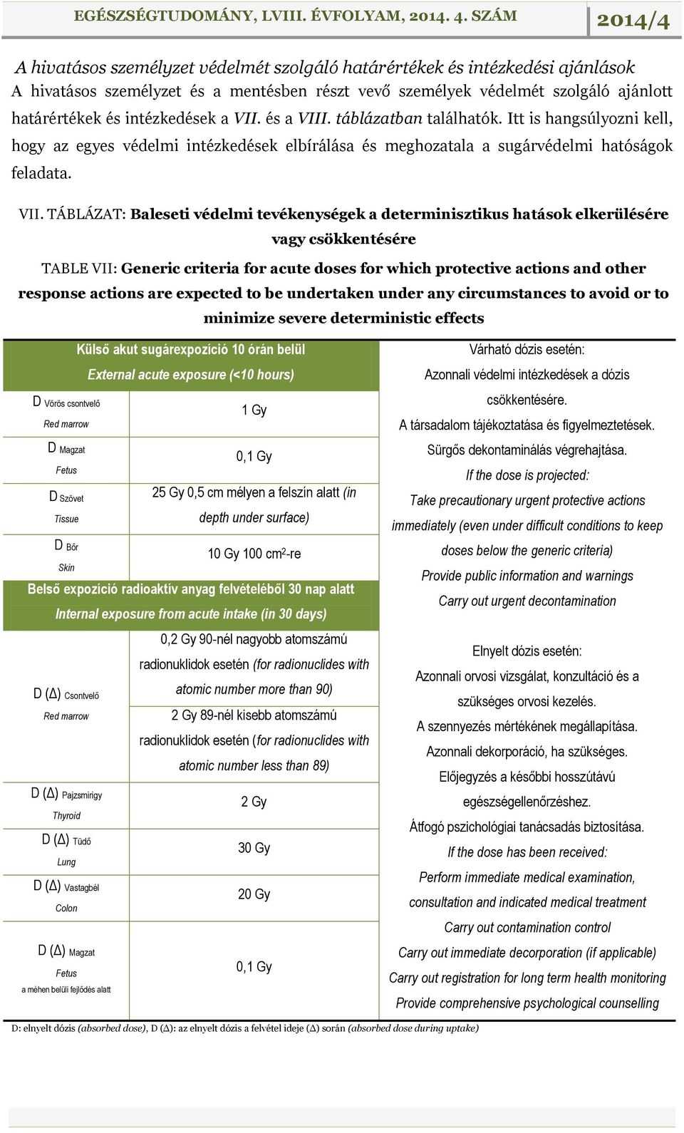 . táblázatban találhatók. Itt is hangsúlyozni kell, hogy az egyes védelmi intézkedések elbírálása és meghozatala a sugárvédelmi hatóságok feladata. VII.