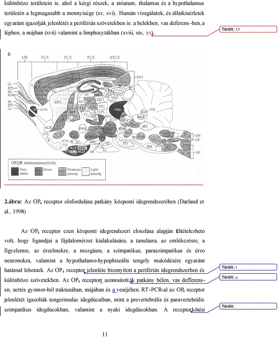 15 2.ábra: Az OP 4 receptor elofordulása patkány központi idegrendszerében (Darland et al.