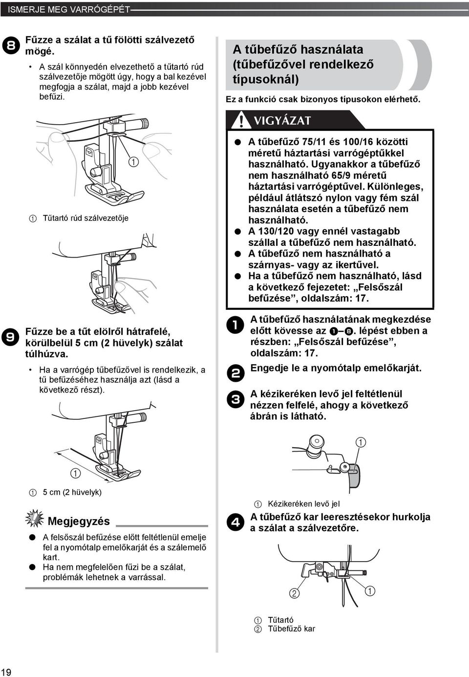 A tűbefűző használata (tűbefűzővel rendelkező típusoknál) Ez a funkció csak bizonyos típusokon elérhető.