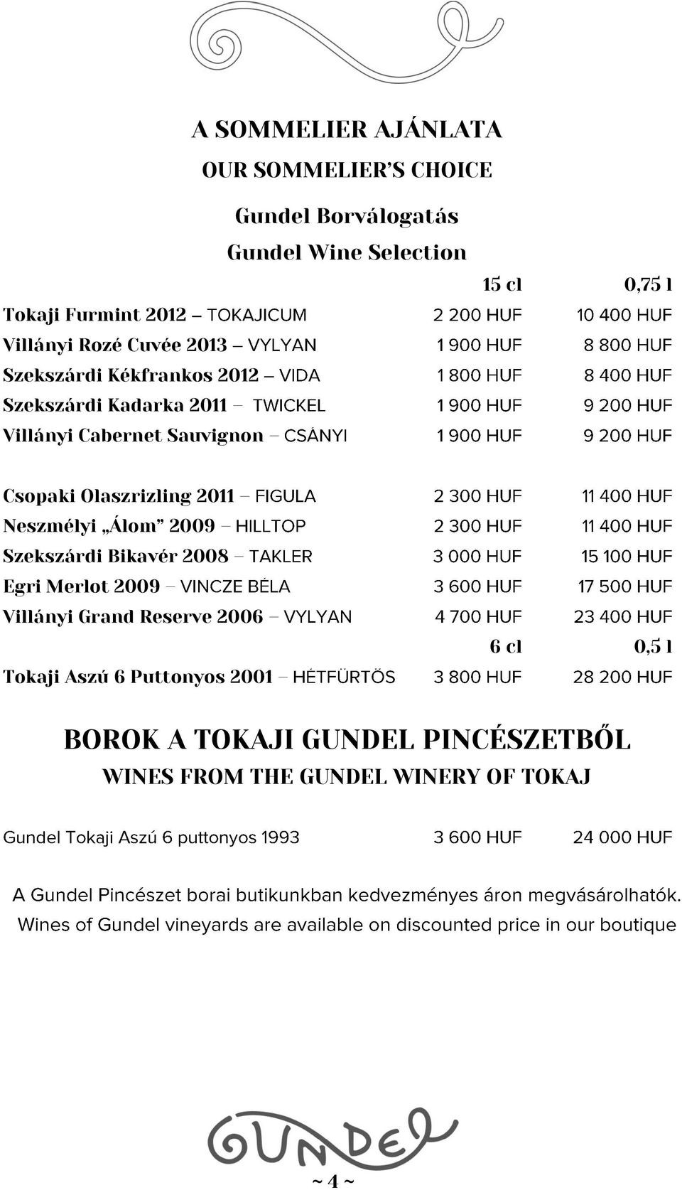 Csopaki Olaszrizling 2011 Neszmélyi Álom 2009 Szekszárdi Bikavér 2008 Egri Merlot 2009 Villányi Grand Reserve