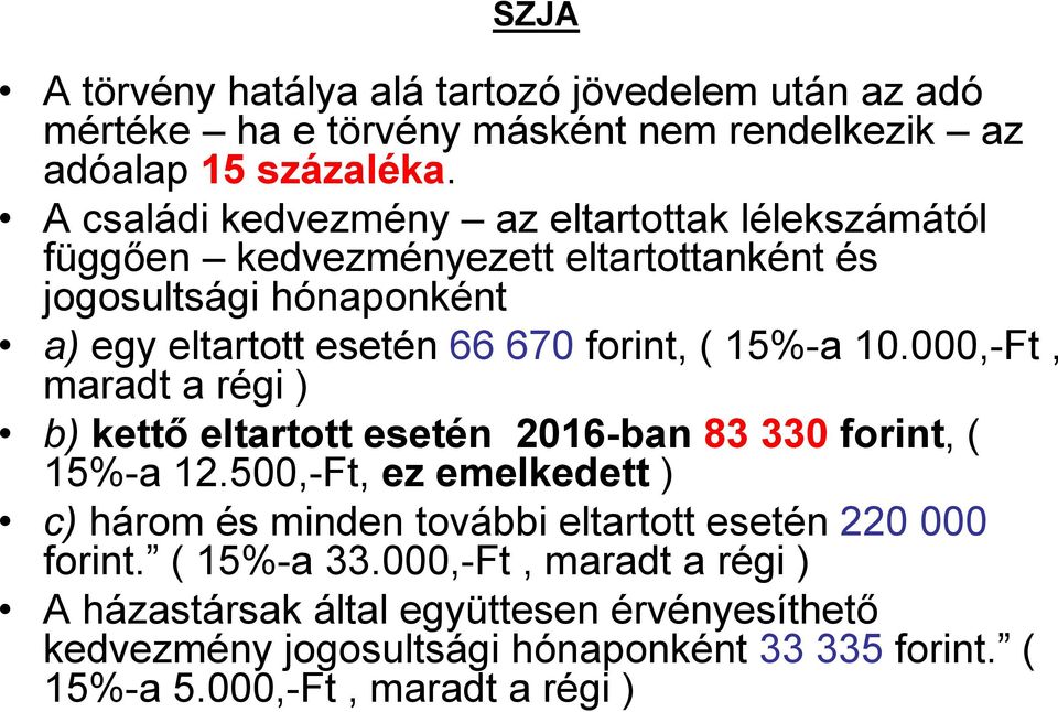 ( 15%-a 10.000,-Ft, maradt a régi ) b) kettőeltartott esetén 2016-ban 83 330forint, ( 15%-a 12.