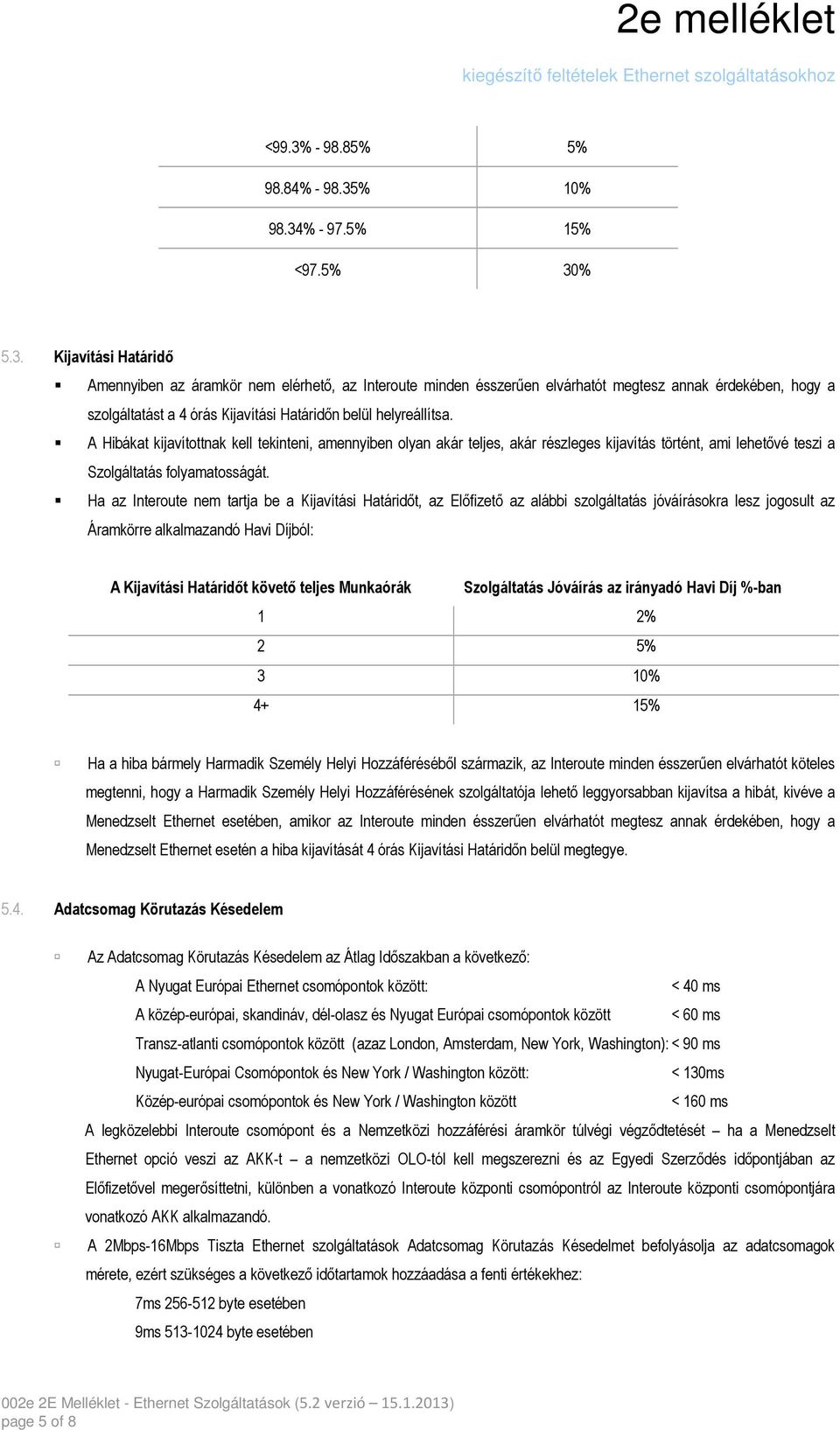 Ha az Interoute nem tartja be a Kijavítási Határidıt, az Elıfizetı az alábbi szolgáltatás jóváírásokra lesz jogosult az Áramkörre alkalmazandó Havi Díjból: A Kijavítási Határidıt követı teljes