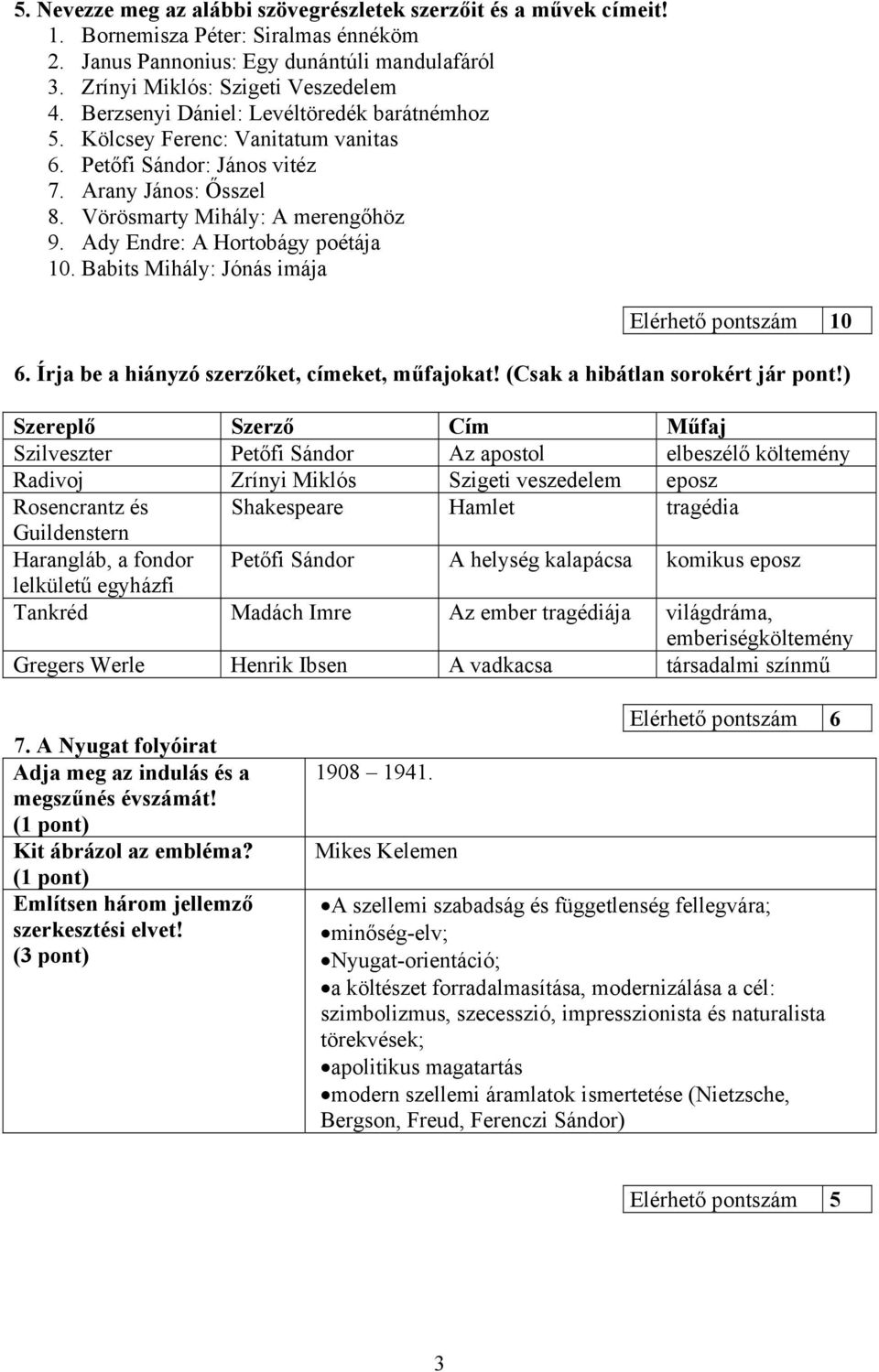 Ady Endre: A Hortobágy poétája 10. Babits Mihály: Jónás imája Elérhető pontszám 10 6. Írja be a hiányzó szerzőket, címeket, műfajokat! (Csak a hibátlan sorokért jár pont!