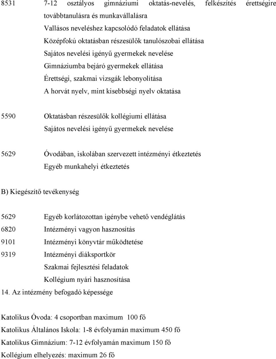 munkahelyi étkeztetés B) Kiegészítő tevékenység 5629 Egyéb korlátozottan igénybe vehető vendéglátás 6820 Intézményi vagyon hasznosítás 9101 Intézményi könyvtár működtetése 9319 Intézményi