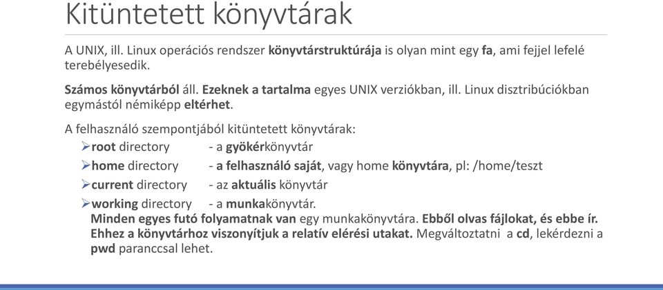 A felhasználó szempontjából kitüntetett könyvtárak: root directory - a gyökérkönyvtár home directory - a felhasználó saját, vagy home könyvtára, pl: /home/teszt current