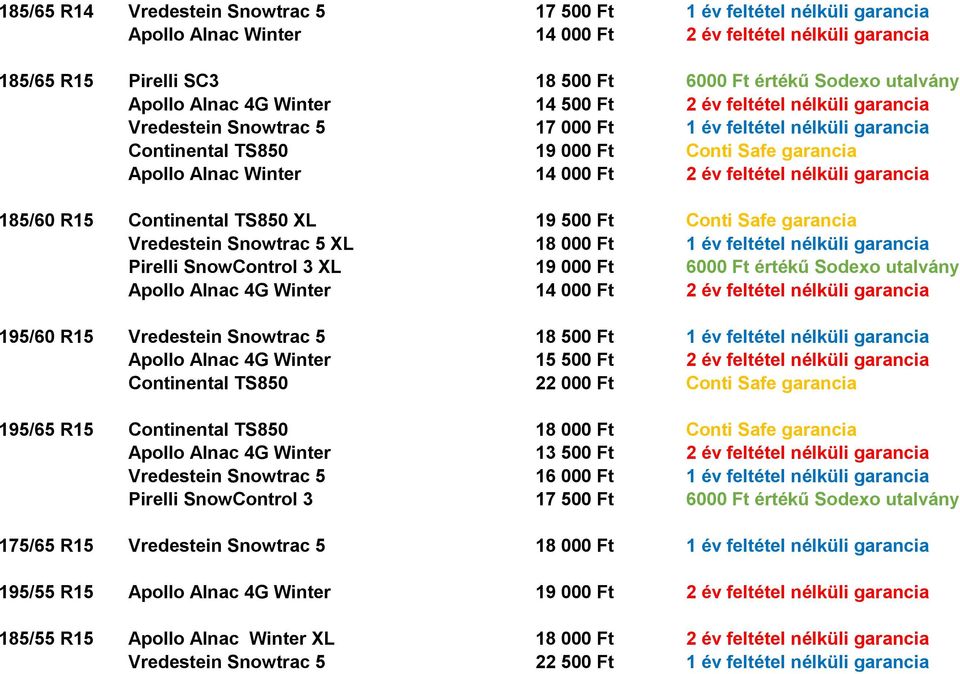 000 Ft 2 év feltétel nélküli garancia 185/60 R15 Continental TS850 XL 19 500 Ft Conti Safe garancia Vredestein Snowtrac 5 XL 18 000 Ft 1 év feltétel nélküli garancia Pirelli SnowControl 3 XL 19 000