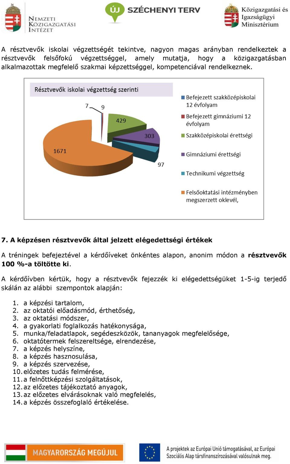 A képzésen résztvevők által jelzett elégedettségi értékek A tréningek befejeztével a kérdőíveket önkéntes alapon, anonim módon a résztvevők 100 %-a töltötte ki.