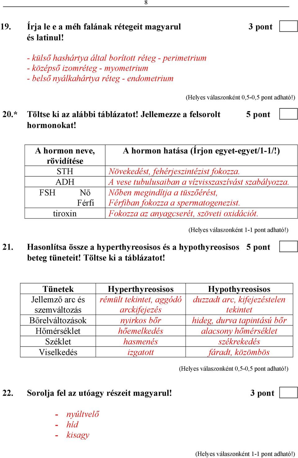 ) Növekedést, fehérjeszintézist fokozza. A vese tubulusaiban a vízvisszaszívást szabályozza. Nőben megindítja a tüszőérést, Férfiban fokozza a spermatogenezist.