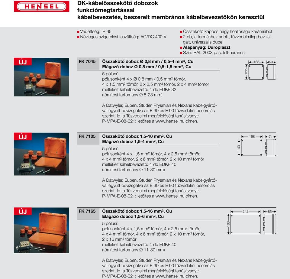 pólusonként 4 x Ø 0,8 mm / 0,5 mm² tömör, 4 x 1,5 mm² tömör, 2 x 2,5 mm² tömör, 2 x 4 mm² tömör mellékelt kábelbevezető: 4 db EDKF 32 (tömítési tartomány Ø 8-23 mm) A Dätwyler, Eupen, Studer,