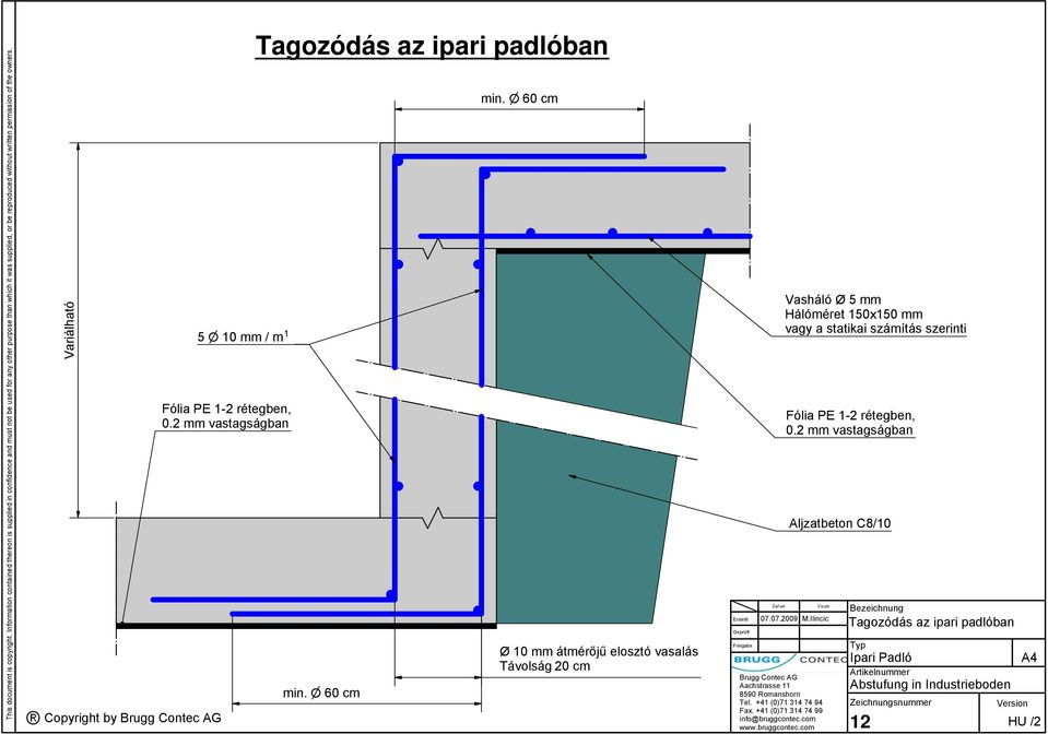 n 60 cm Ø 10 mm átmérőjű elosztó vasalás Távolság 20 cm Vasháló Ø 5 mm