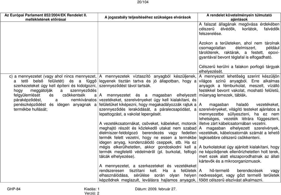 felszerelése. Azokon a területeken, ahol nem tárolnak csomagolatlan élelmiszert, például tárolóterek, raktárak, a festett, epoxigyantával bevont téglafal is elfogadható.