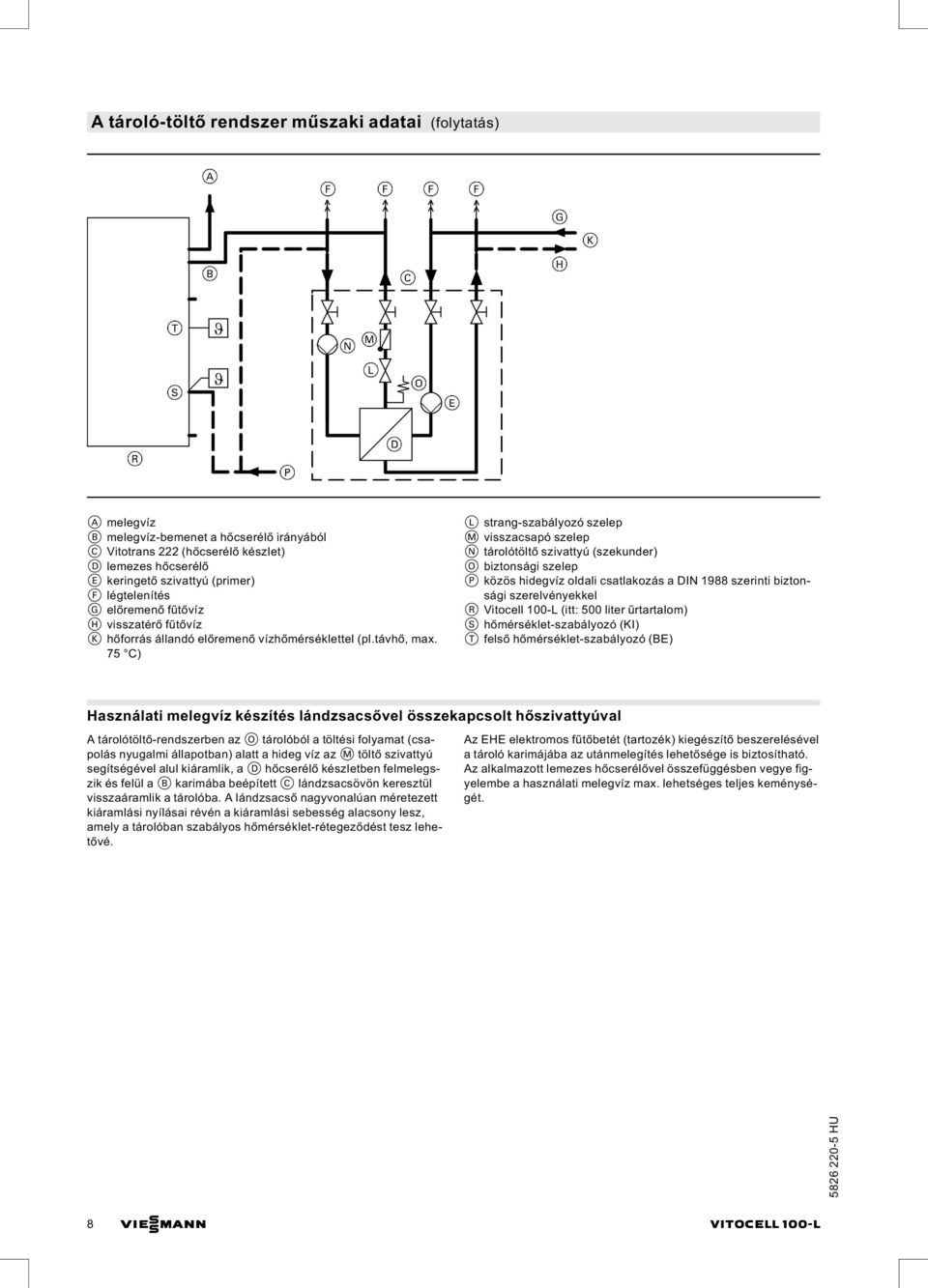 75 C) L strang-szabályozó szelep M visszacsapó szelep N tárolótöltő szivattyú (szekunder) O biztonsági szelep P közös hidegvíz oldali csatlakozás a DIN 1988 szerinti biztonsági szerelvényekkel R