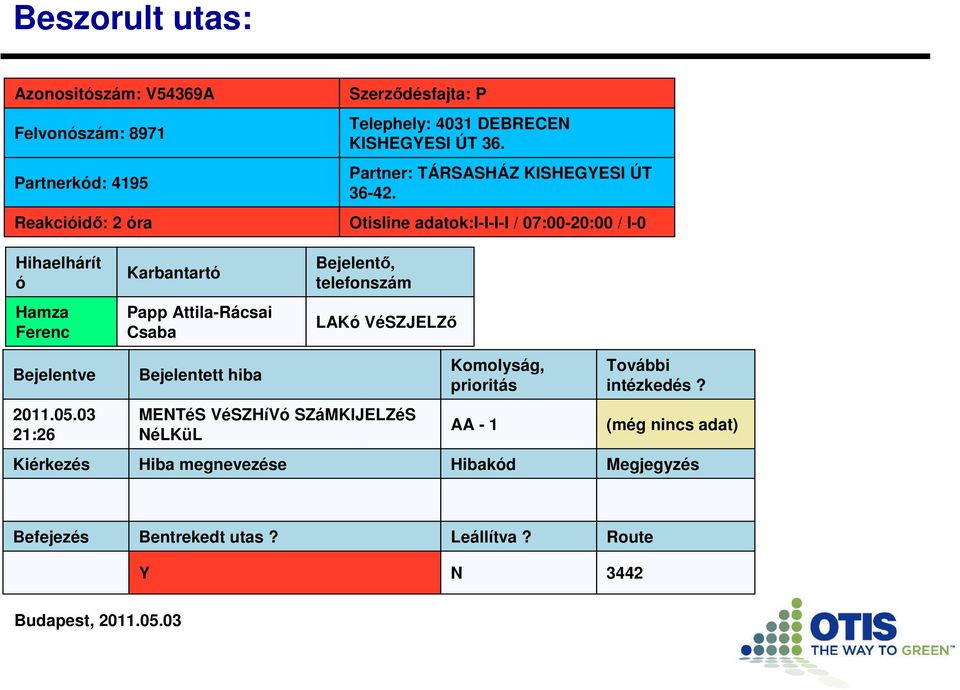 Otisline adatok:i-i-i-i / 07:00-20:00 / I-0 Hihaelhárít ó Hamza Ferenc Karbantartó Papp Attila-Rácsai Csaba Bejelentı, telefonszám LAKó VéSZJELZı