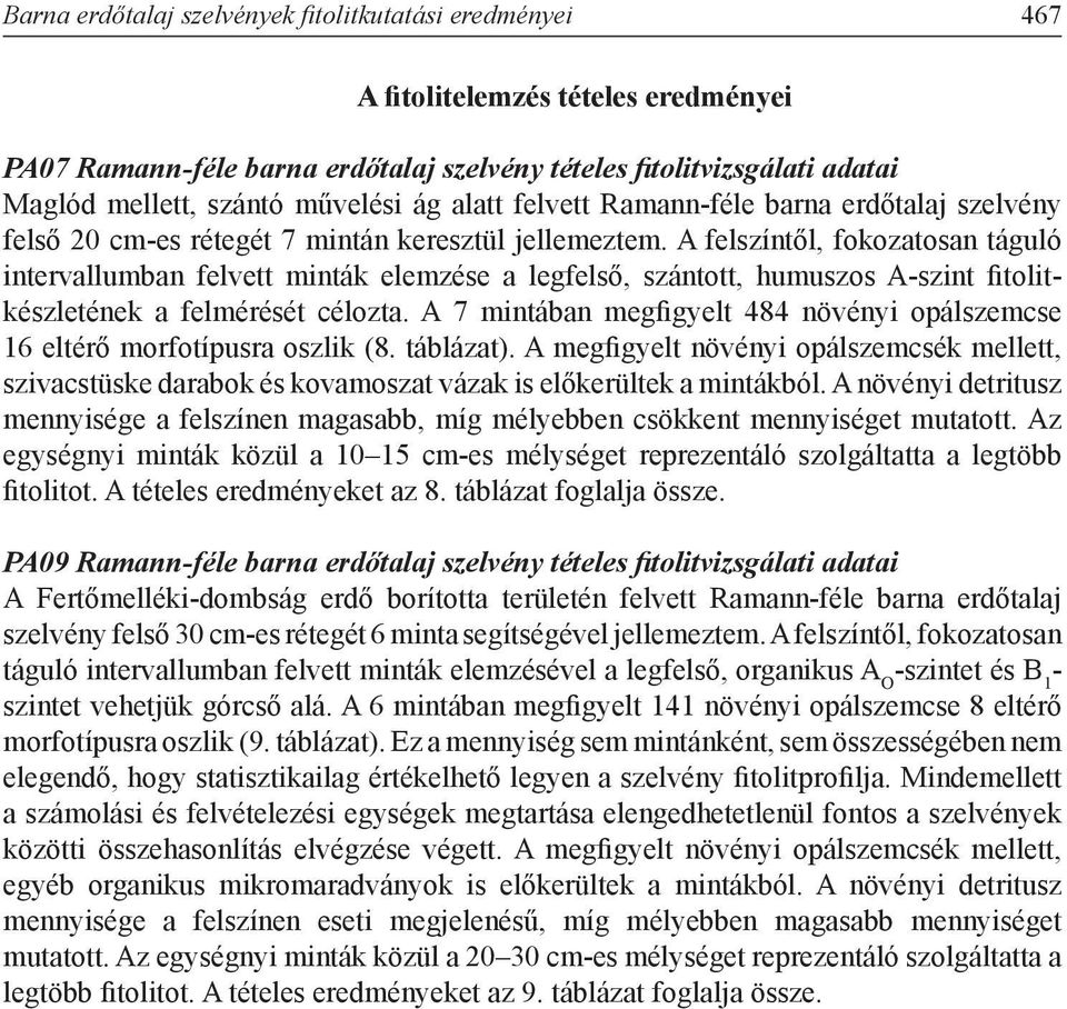 A felszíntől, fokozatosan táguló intervallumban felvett minták elemzése a legfelső, szántott, humuszos A-szint fitolitkészletének a felmérését célozta.