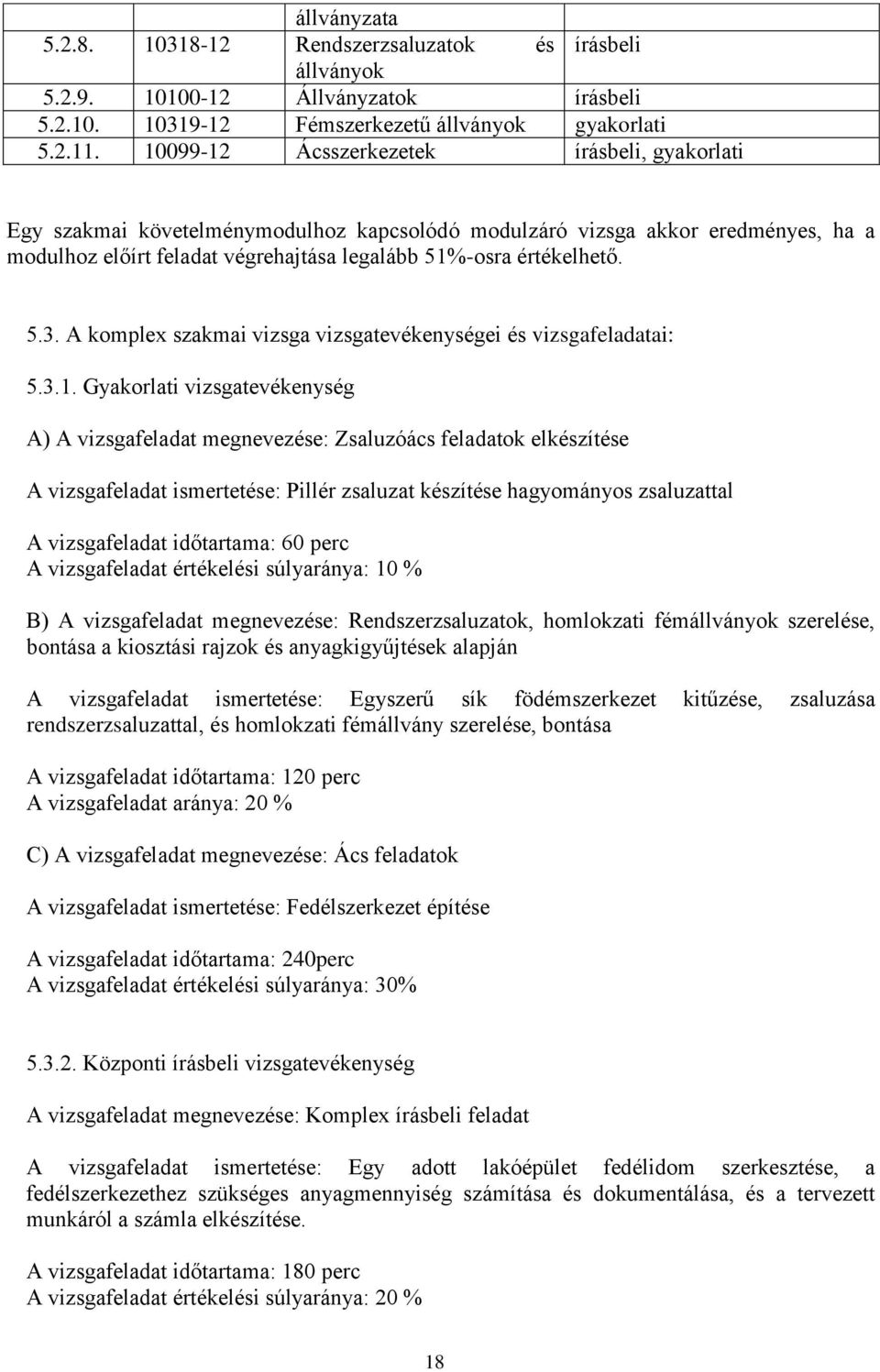 A komplex szakmai vizsga vizsgatevékenységei és vizsgafeladatai: 5.3.1.