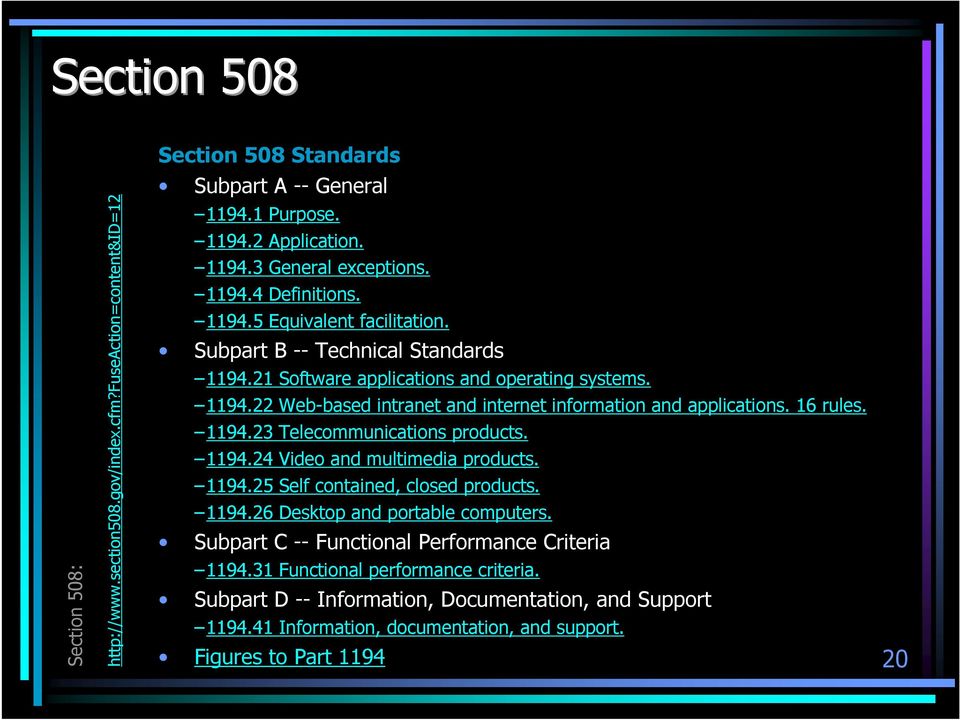 16 rules. 1194.23 Telecommunications products. 1194.24 Video and multimedia products. 1194.25 Self contained, closed products. 1194.26 Desktop and portable computers.