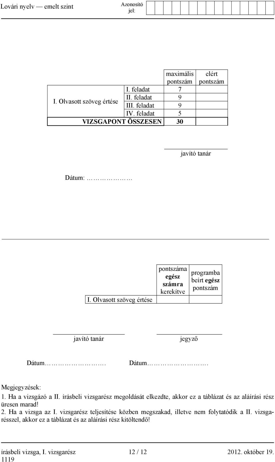 Olvasott szöveg értése pontszáma egész számra kerekítve programba beírt egész pontszám javító tanár jegyző Dátum. Dátum. Megjegyzések: 1. Ha a vizsgázó a II.