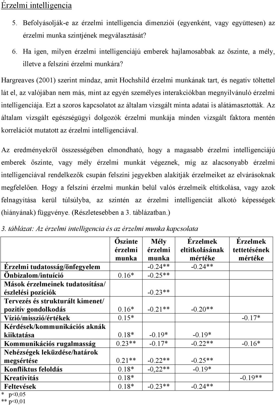 Hargreaves (2001) szerint mindaz, amit Hochshild érzelmi munkának tart, és negatív töltettel lát el, az valójában nem más, mint az egyén személyes interakciókban megnyilvánuló érzelmi intelligenciája.