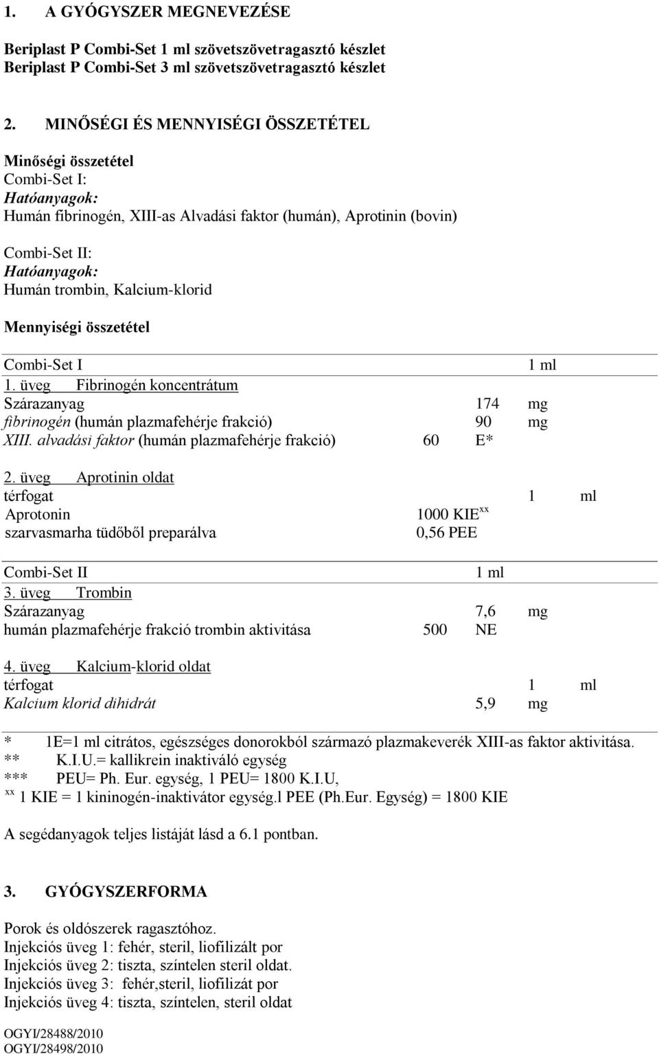 Kalcium-klorid Mennyiségi összetétel Combi-Set I 1 ml 1. üveg Fibrinogén koncentrátum Szárazanyag 174 mg fibrinogén (humán plazmafehérje frakció) 90 mg XIII.