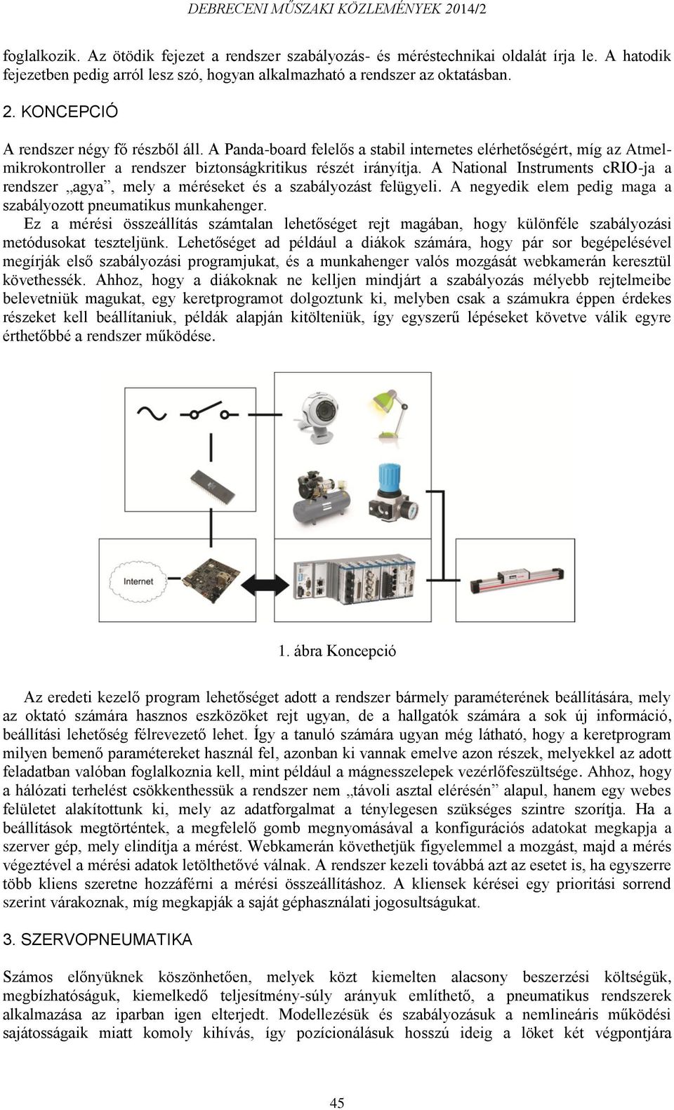 A National Instruments crio-ja a rendszer agya, mely a méréseket és a szabályozást felügyeli. A negyedik elem pedig maga a szabályozott pneumatikus munkahenger.