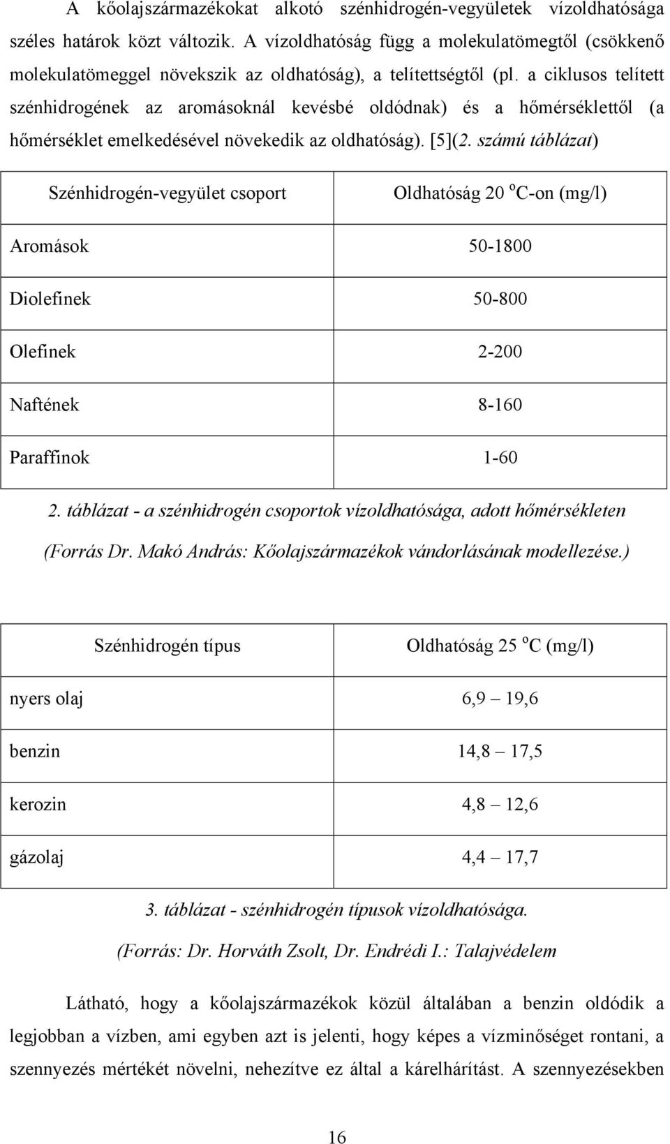 a ciklusos telített szénhidrogének az aromásoknál kevésbé oldódnak) és a hőmérséklettől (a hőmérséklet emelkedésével növekedik az oldhatóság). [5](2.