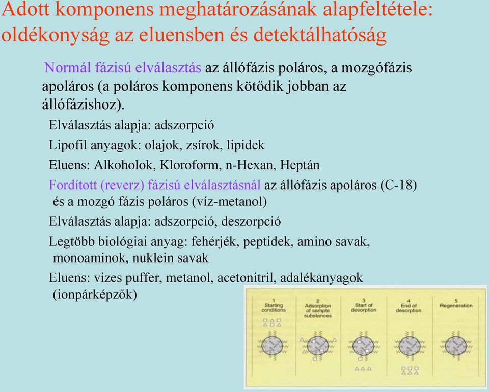 Elválasztás alapja: adszorpció Lipofil anyagok: olajok, zsírok, lipidek Eluens: Alkoholok, Kloroform, n-hexan, Heptán Fordított (reverz) fázisú elválasztásnál