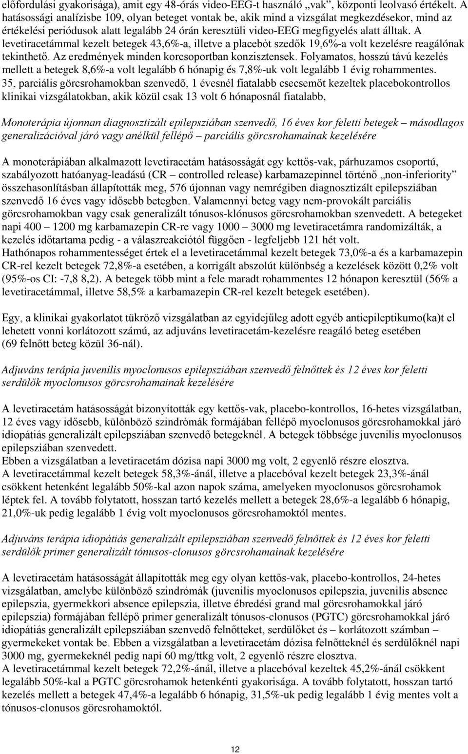 A levetiracetámmal kezelt betegek 43,6%-a, illetve a placebót szedők 19,6%-a volt kezelésre reagálónak tekinthető. Az eredmények minden korcsoportban konzisztensek.