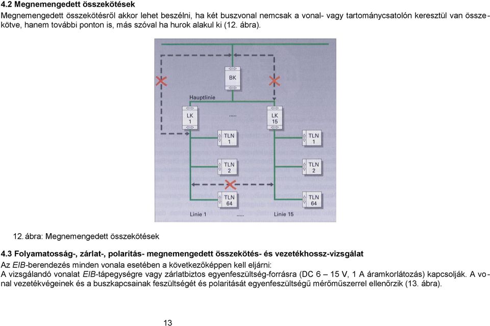 3 Folyamatosság-, zárlat-, polaritás- megnemengedett összekötés- és vezetékhossz-vizsgálat Az EIB-berendezés minden vonala esetében a következőképpen kell eljárni: A