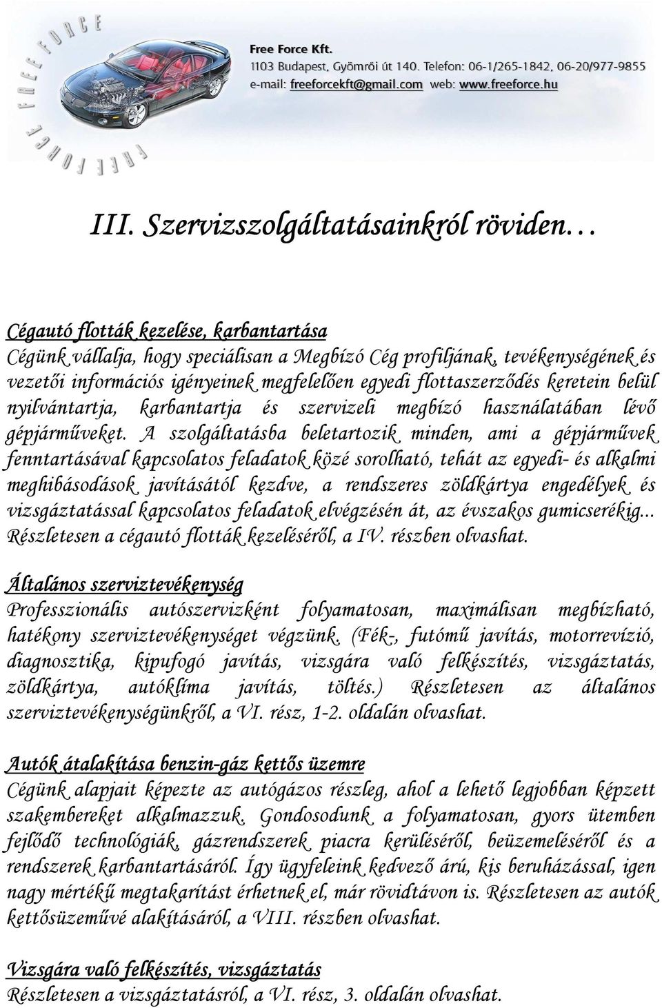 A szolgáltatásba beletartozik minden, ami a gépjármővek fenntartásával kapcsolatos feladatok közé sorolható, tehát az egyedi- és alkalmi meghibásodások javításától kezdve, a rendszeres zöldkártya