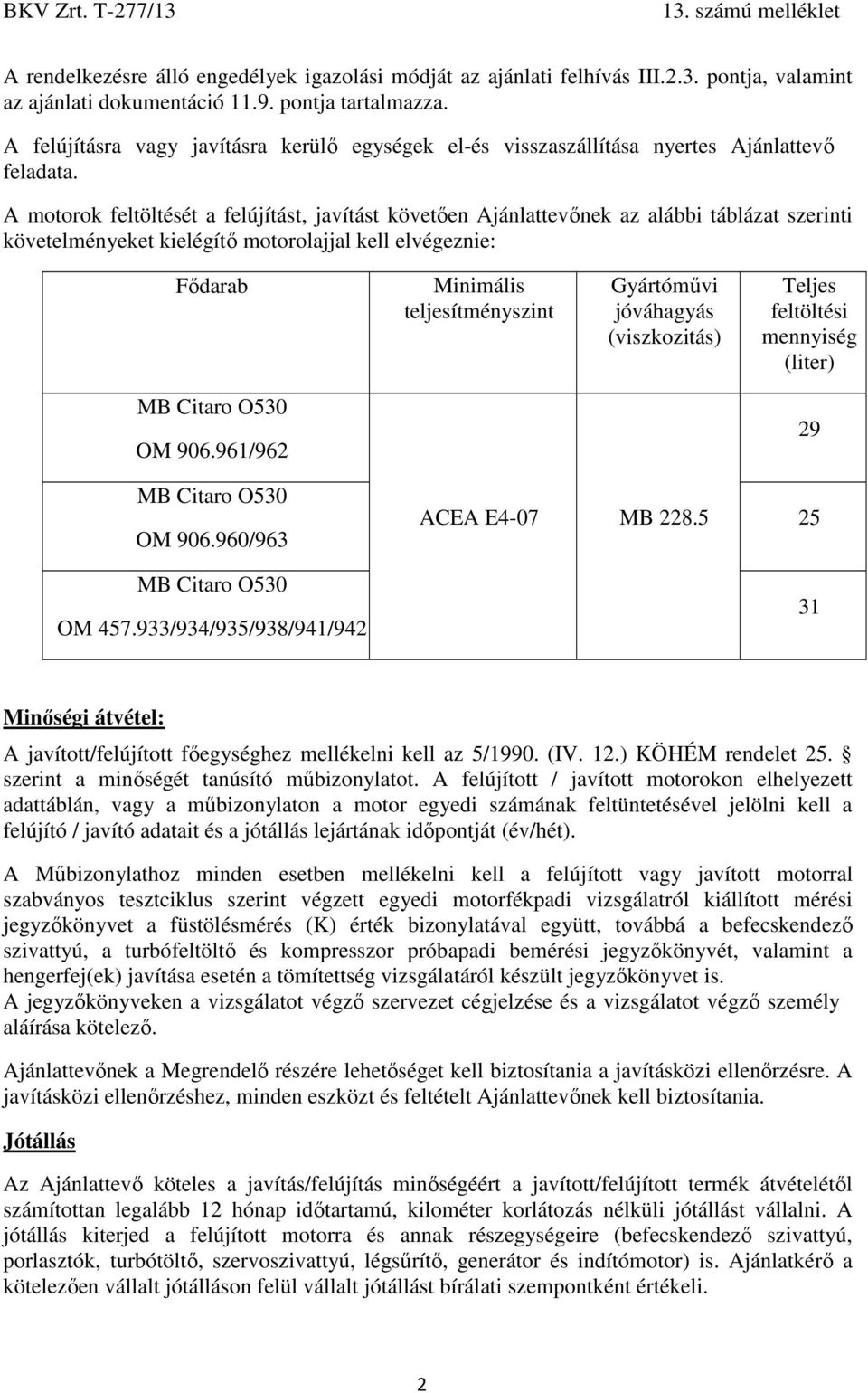 A motorok feltöltését a felújítást, javítást követően Ajánlattevőnek az alábbi táblázat szerinti követelményeket kielégítő motorolajjal kell elvégeznie: Fődarab Minimális teljesítményszint Gyártóművi