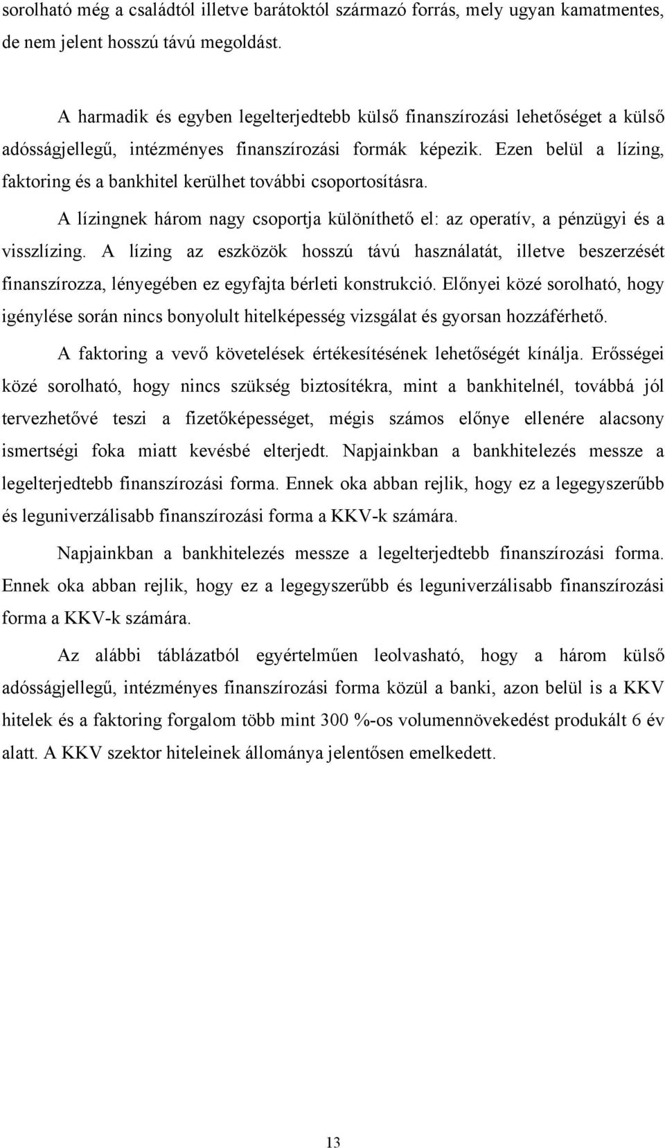 Ezen belül a lízing, faktoring és a bankhitel kerülhet további csoportosításra. A lízingnek három nagy csoportja különíthető el: az operatív, a pénzügyi és a visszlízing.