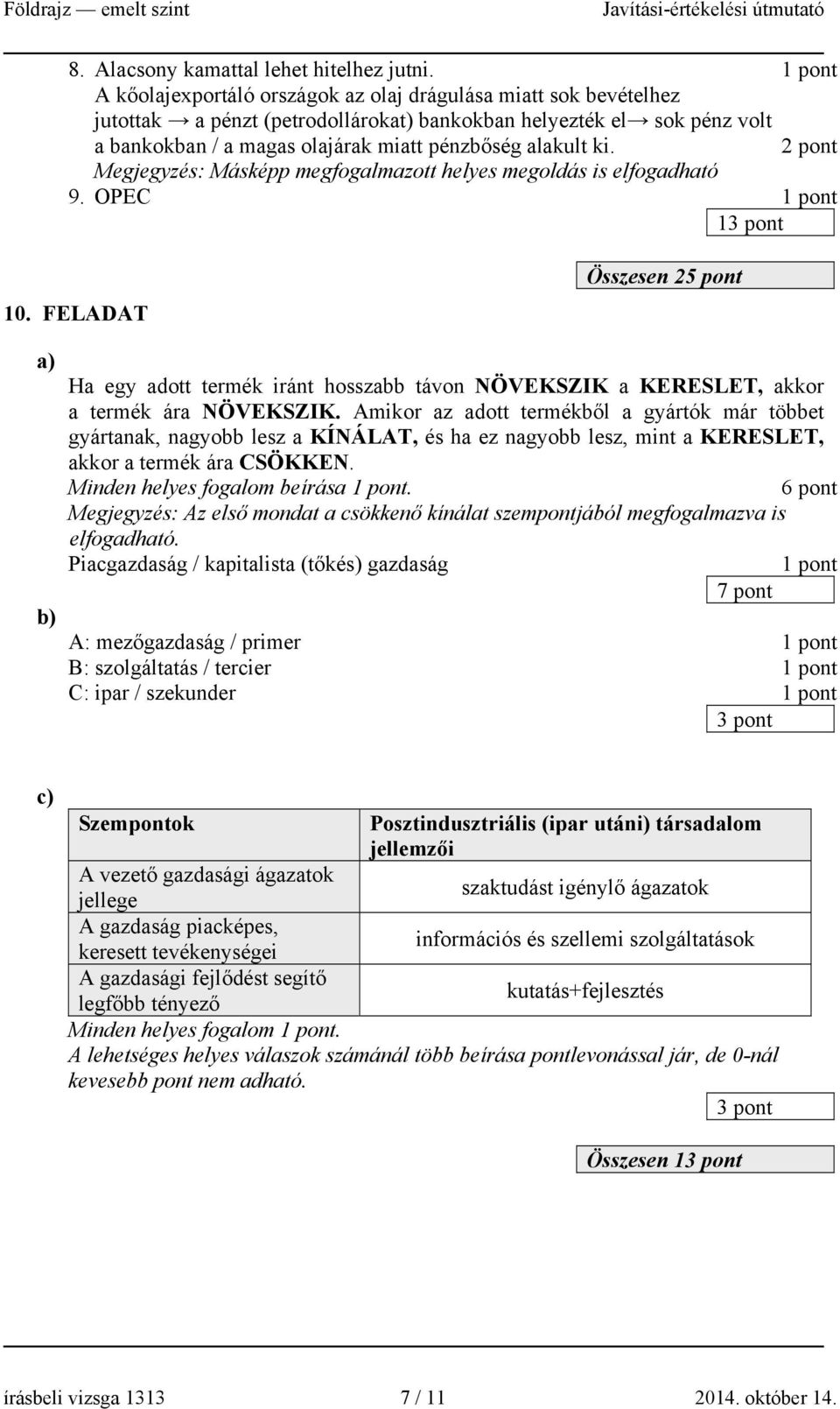 Megjegyzés: Másképp megfogalmazott helyes megoldás is elfogadható 9. OPEC 1 10. FELADAT Összesen 25 pont Ha egy adott termék iránt hosszabb távon NÖVEKSZIK a KERESLET, akkor a termék ára NÖVEKSZIK.