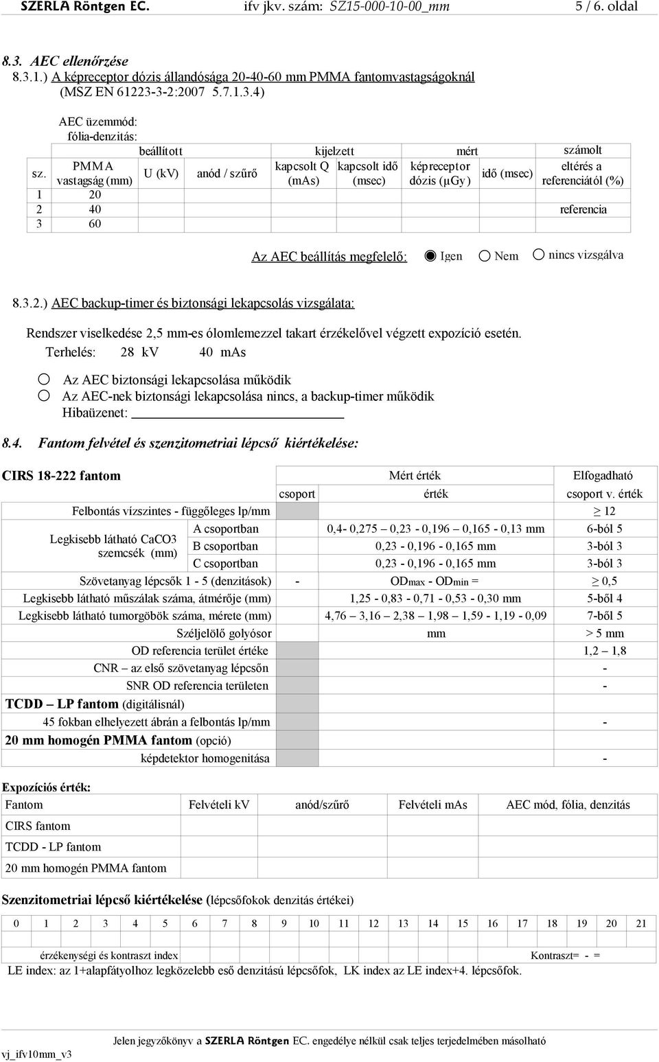 Nem nincs vizsgálva 8.3.2.) AEC backup-timer és biztonsági lekapcsolás vizsgálata: Rendszer viselkedése 2,5 mm-es ólomlemezzel takart érzékelővel végzett expozíció esetén.