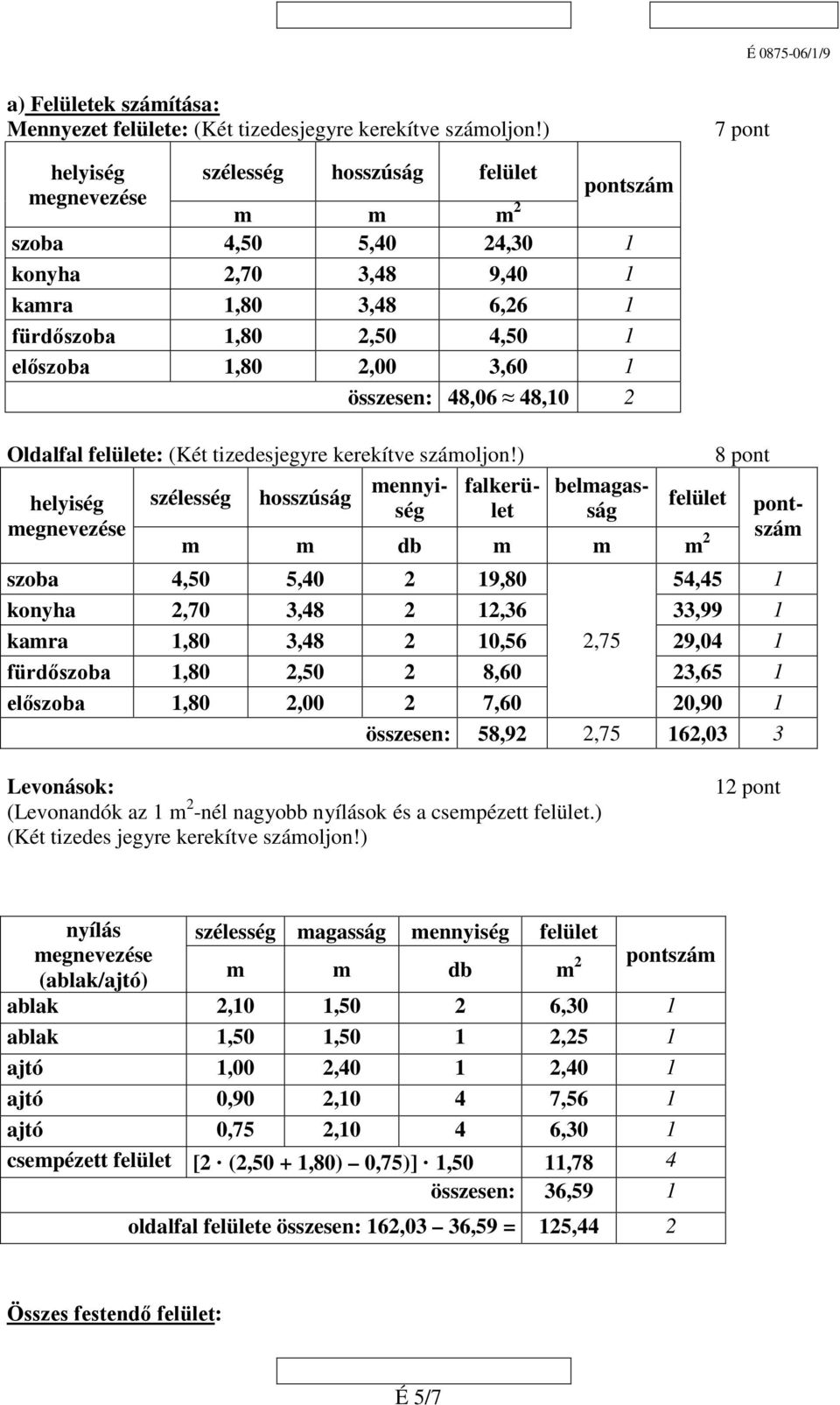 összesen: 48,06 48,10 2 Oldalfal felülete: (Két tizedesjegyre kerekítve számoljon!